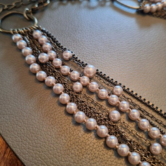 Talbots Multi Layer Strand Faux Pearl Necklace Bronze Chain Statement 22 Inch - Picture 3 of 6